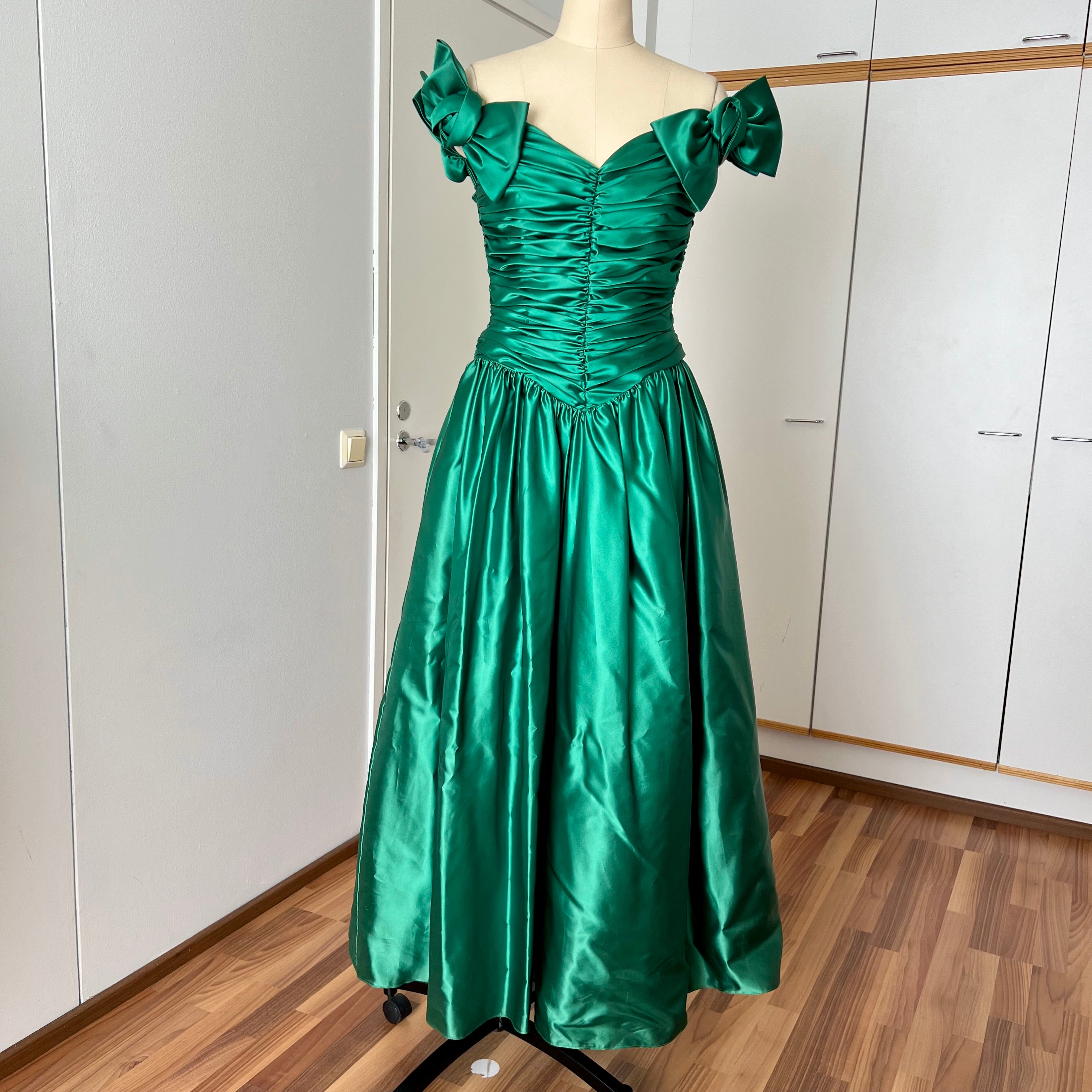 1980s JOHN CHARLES Green Prom Dress Off Shoulder Floor Length Drop Waist Metallic Ball Gown