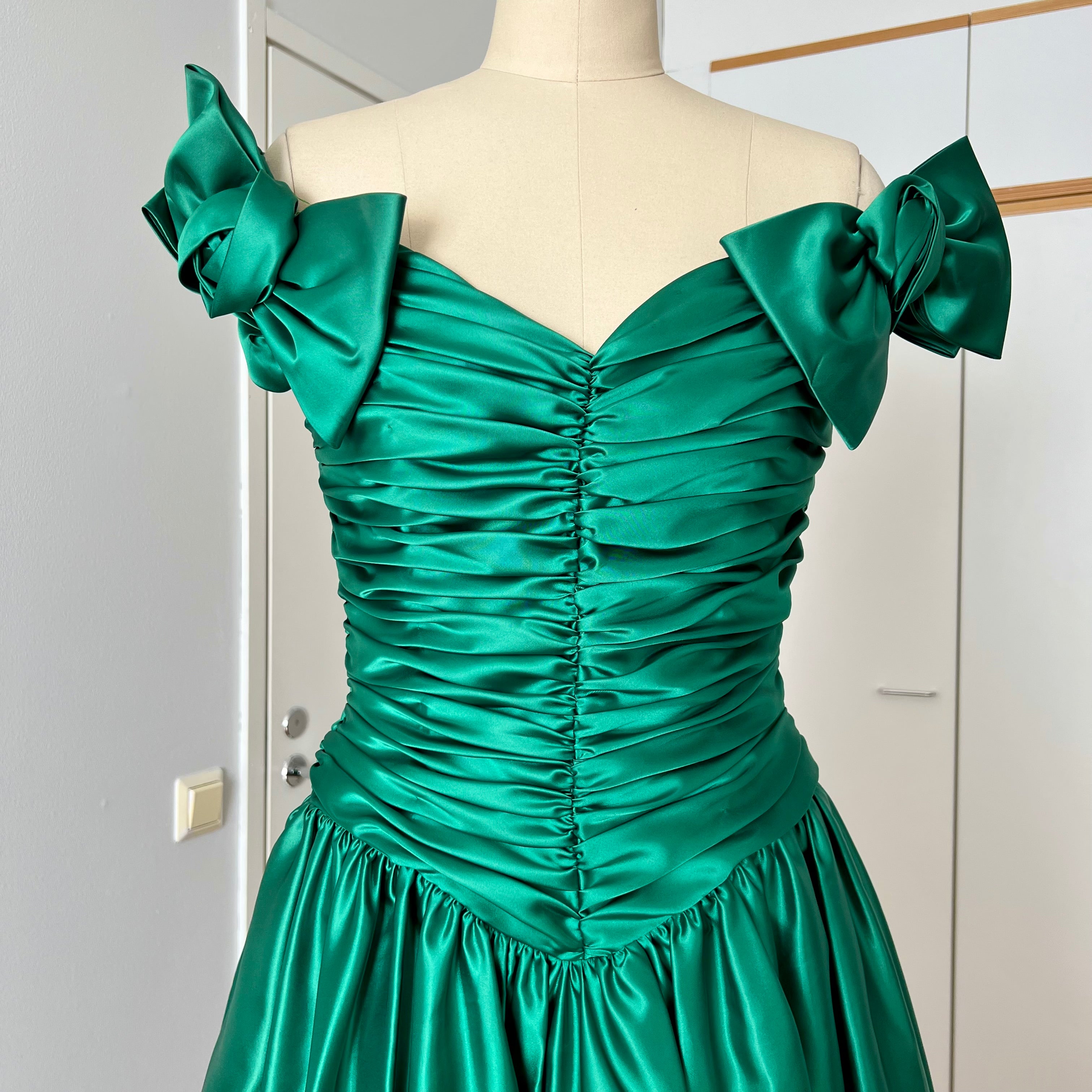 1980s JOHN CHARLES Green Prom Dress Off Shoulder Floor Length Drop Waist Metallic Ball Gown