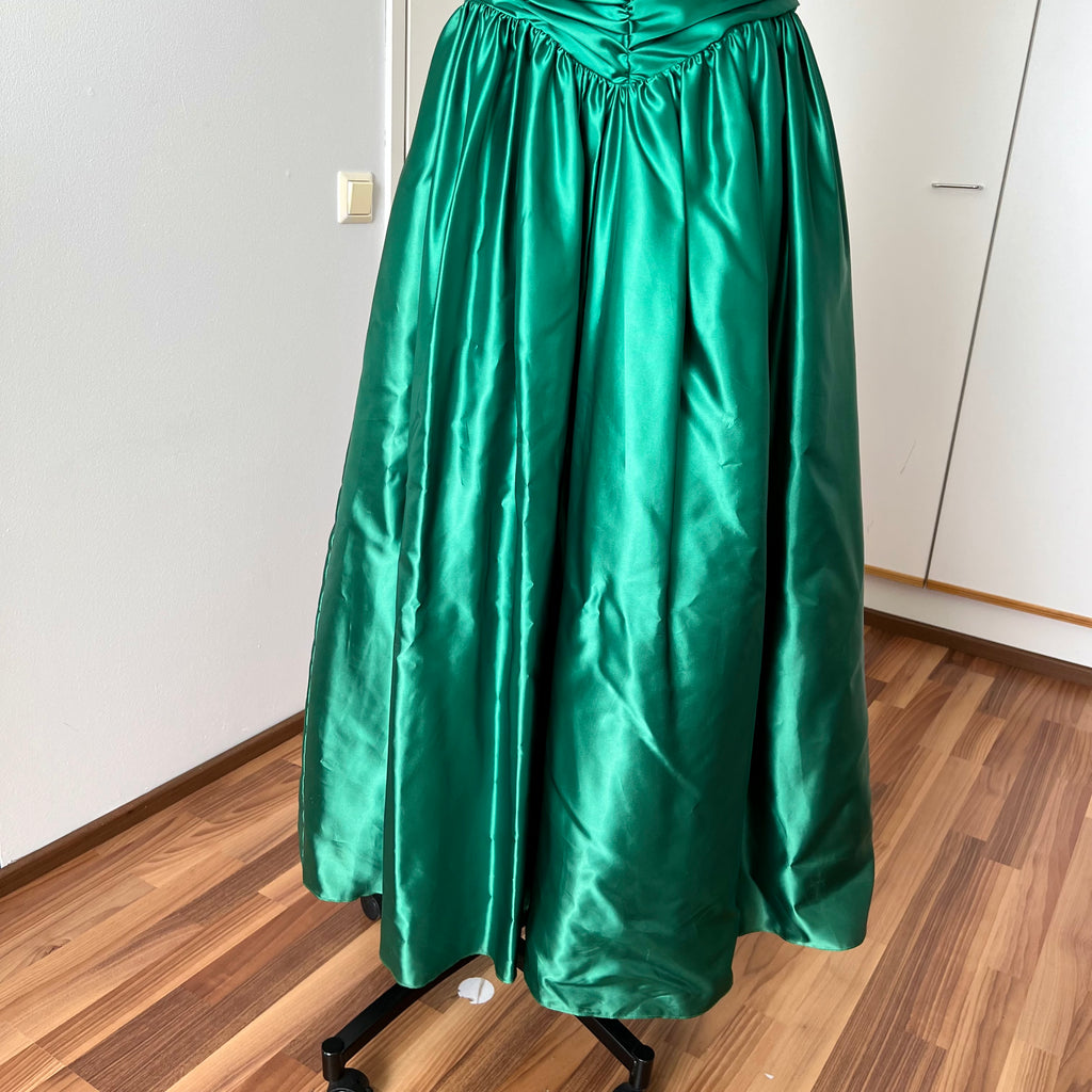 1980s JOHN CHARLES Green Prom Dress Off Shoulder Floor Length Drop Waist Metallic Ball Gown