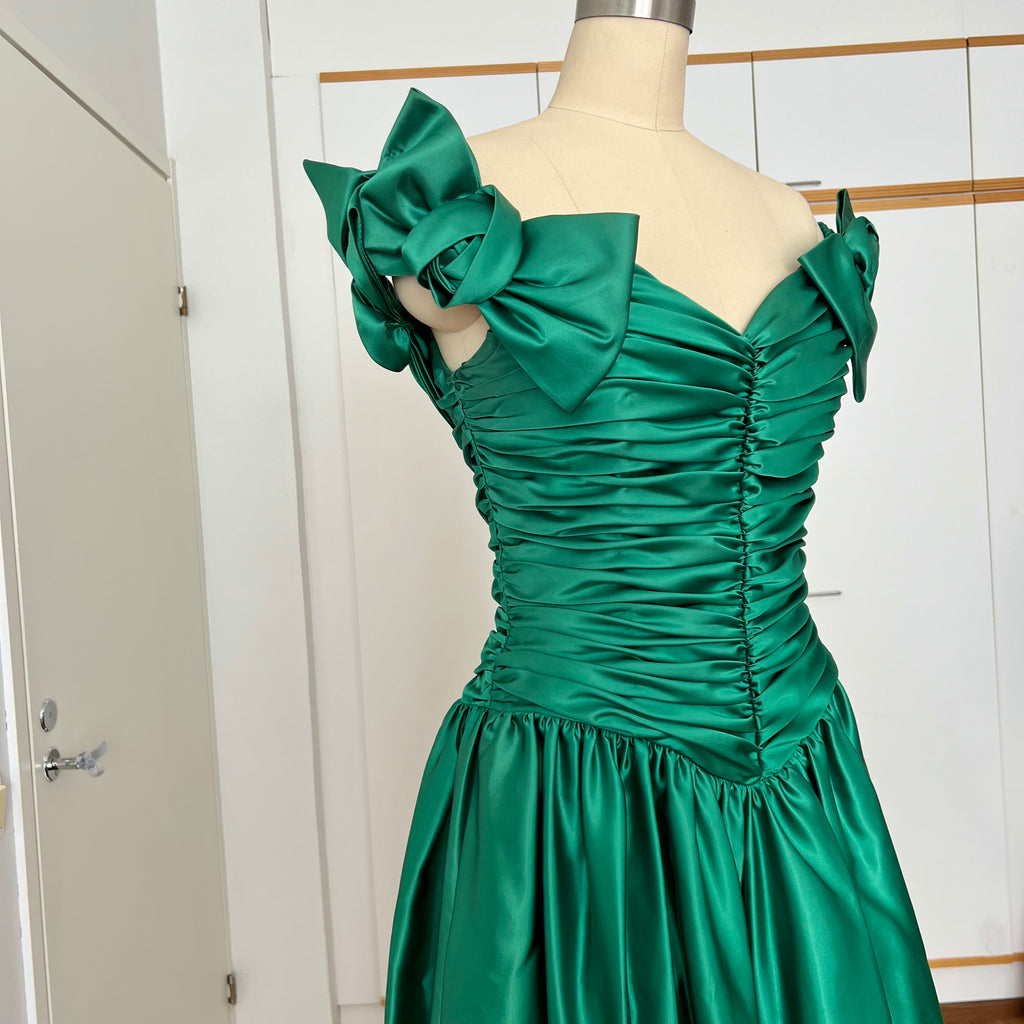1980s JOHN CHARLES Green Prom Dress Off Shoulder Floor Length Drop Waist Metallic Ball Gown