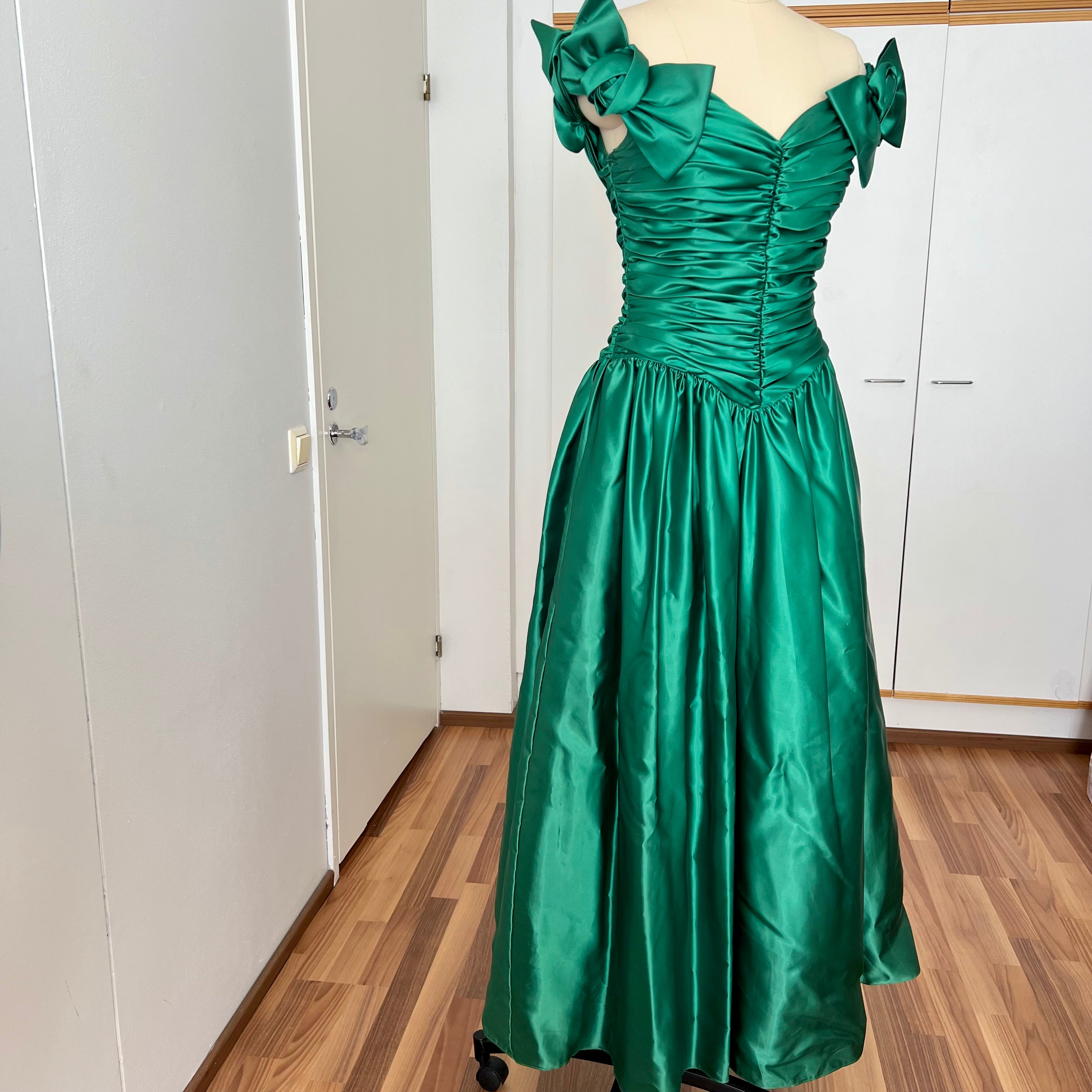 1980s JOHN CHARLES Green Prom Dress Off Shoulder Floor Length Drop Waist Metallic Ball Gown