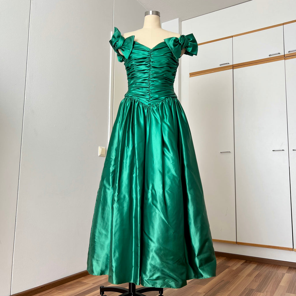 1980s JOHN CHARLES Green Prom Dress-Off Shoulder Drop Waist Ruched Metallic Ball Gown