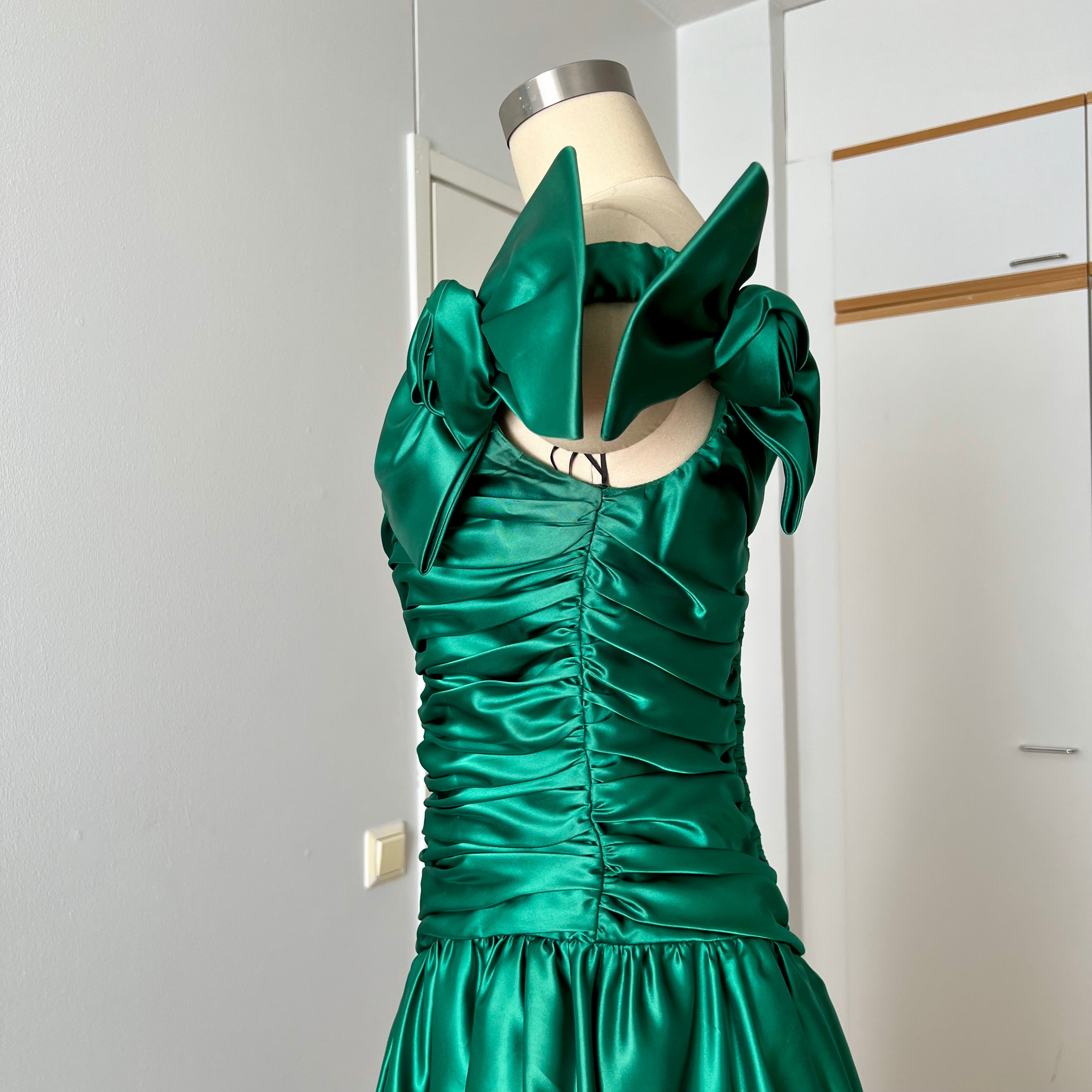 1980s JOHN CHARLES Green Prom Dress Off Shoulder Floor Length Drop Waist Metallic Ball Gown