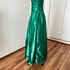 1980s JOHN CHARLES Green Prom Dress Off Shoulder Floor Length Drop Waist Metallic Ball Gown