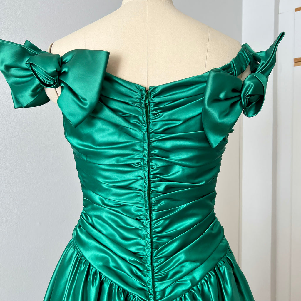1980s JOHN CHARLES Green Prom Dress Off Shoulder Floor Length Drop Waist Metallic Ball Gown