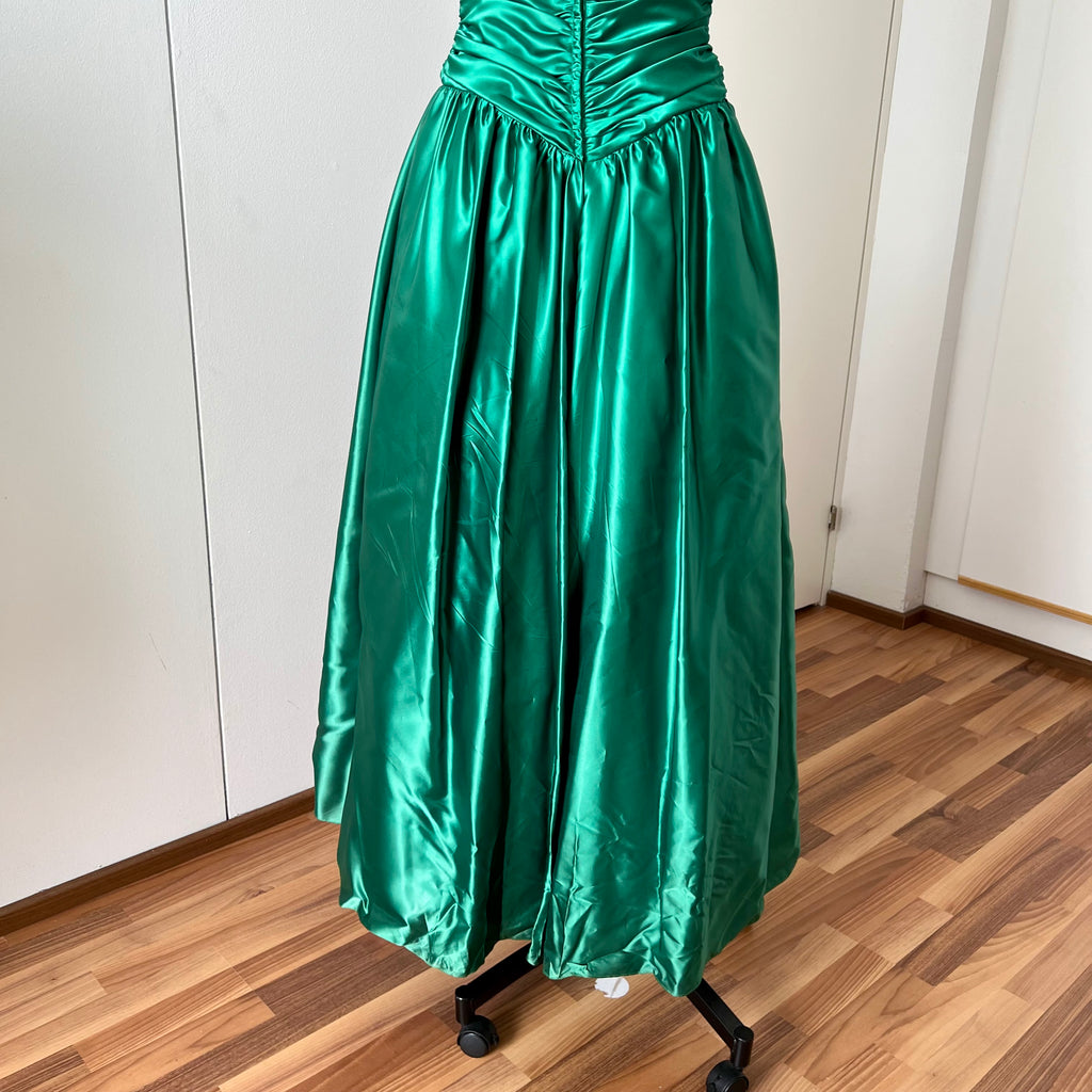 1980s JOHN CHARLES Green Prom Dress Off Shoulder Floor Length Drop Waist Metallic Ball Gown