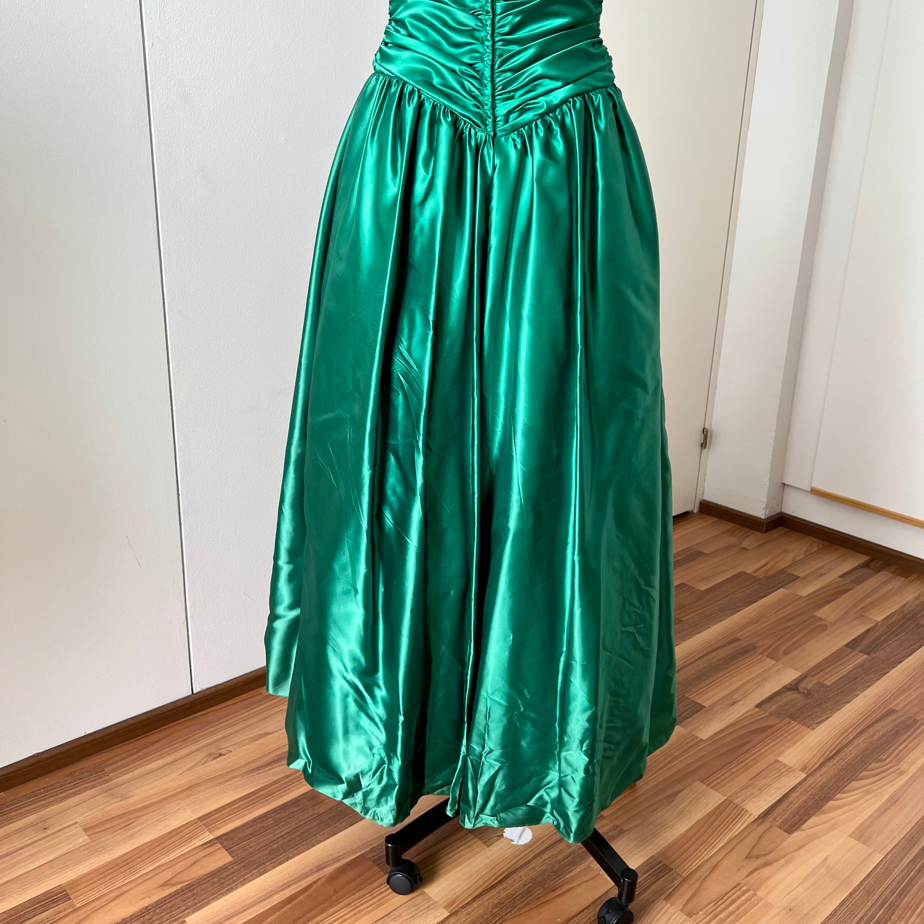 1980s JOHN CHARLES Green Prom Dress Off Shoulder Floor Length Drop Waist Metallic Ball Gown