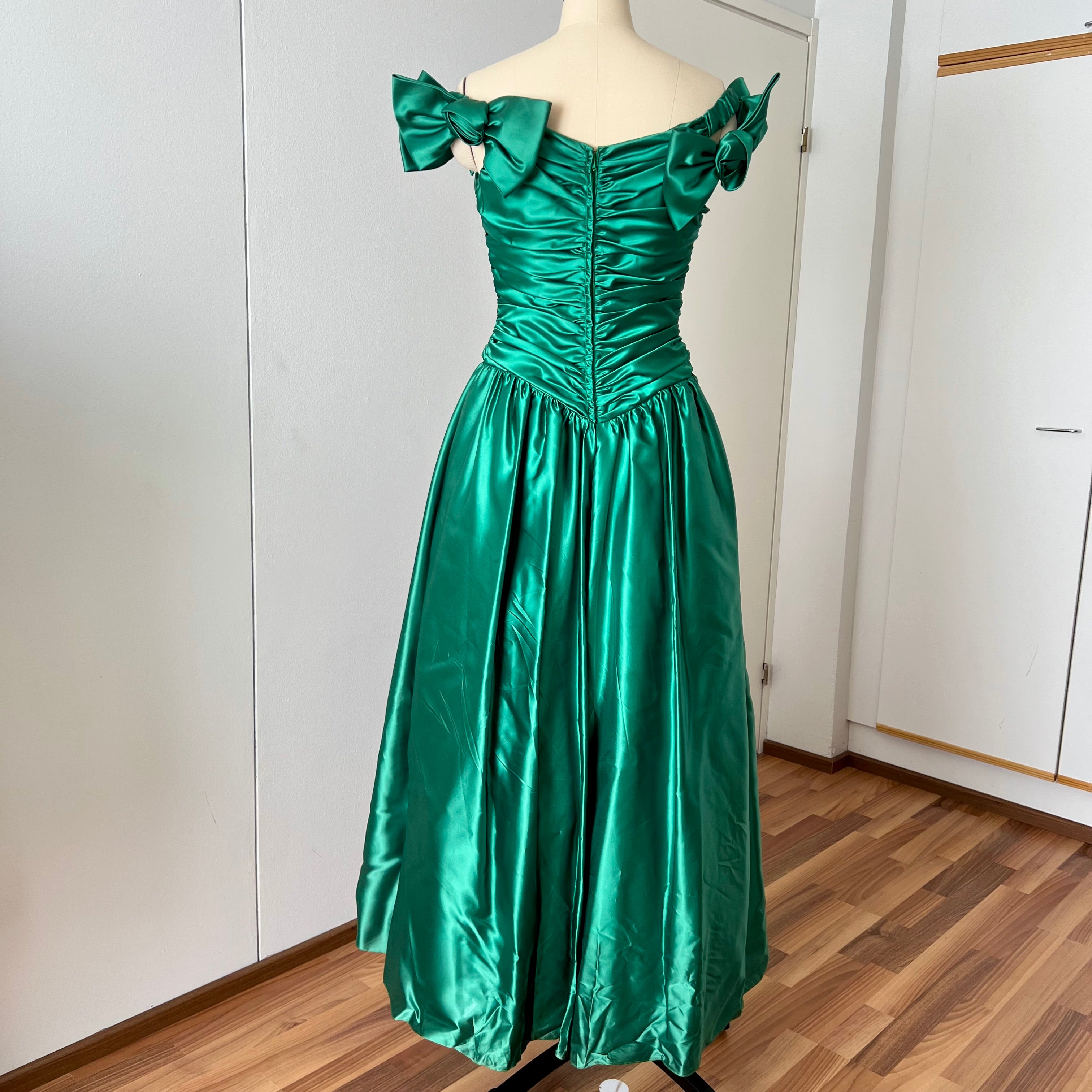 1980s JOHN CHARLES Green Prom Dress Off Shoulder Floor Length Drop Waist Metallic Ball Gown
