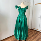 1980s JOHN CHARLES Green Prom Dress Off Shoulder Floor Length Drop Waist Metallic Ball Gown