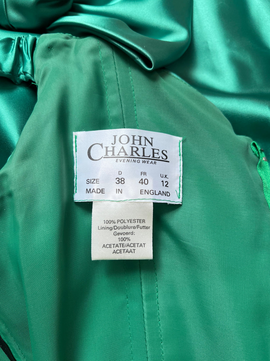 1980s JOHN CHARLES Green Prom Dress Off Shoulder Floor Length Drop Waist Metallic Ball Gown