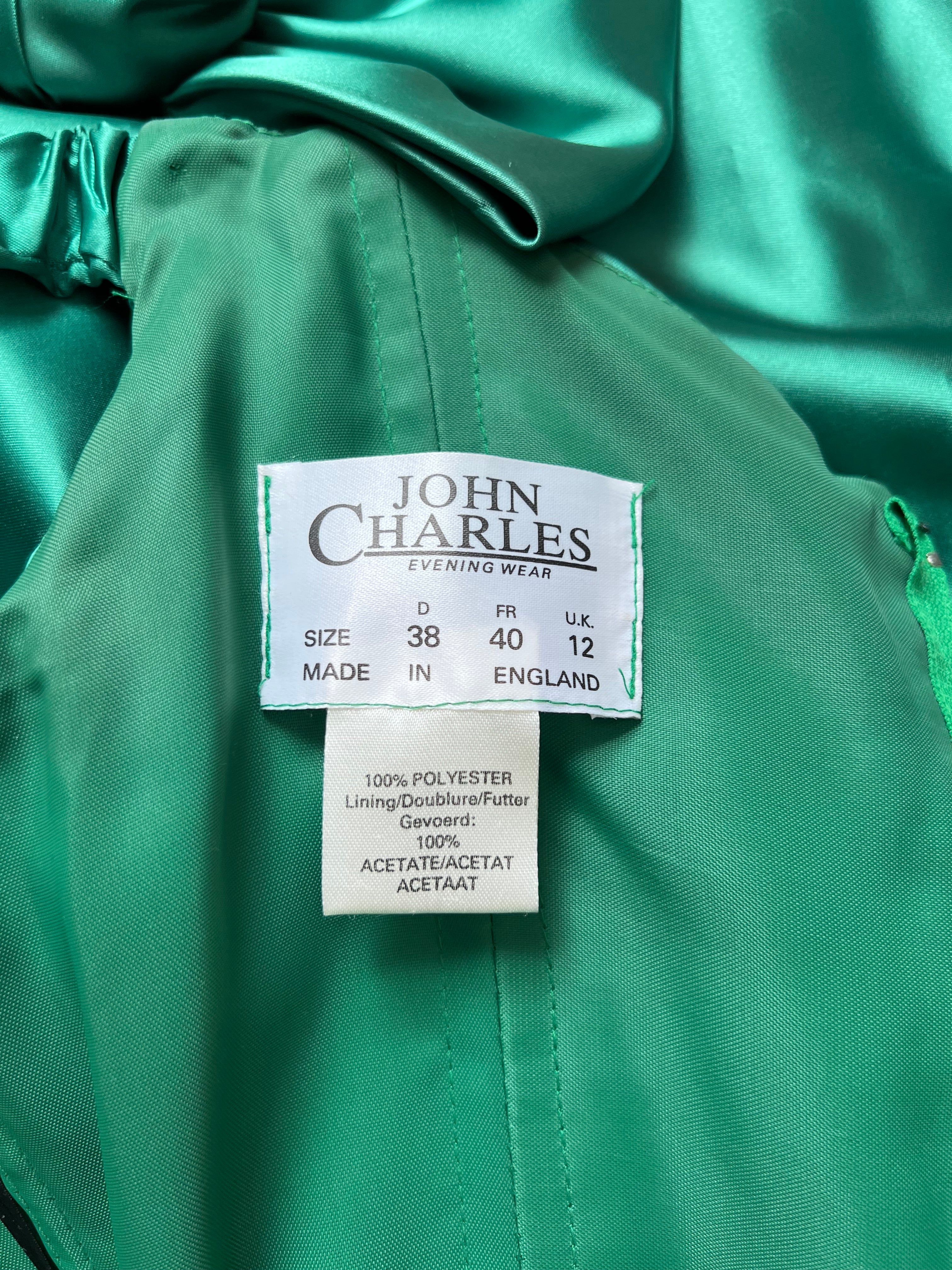 1980s JOHN CHARLES Green Prom Dress Off Shoulder Floor Length Drop Waist Metallic Ball Gown