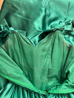 1980s JOHN CHARLES Green Prom Dress Off Shoulder Floor Length Drop Waist Metallic Ball Gown
