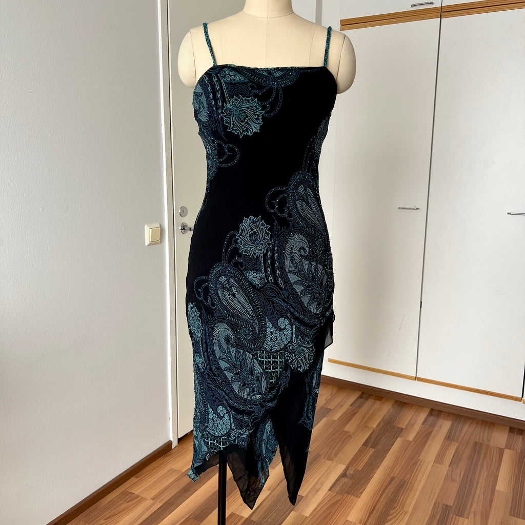 Y2K EVA BLUE Paisley Beaded Midi Dress-Wimsygoth Fairycore Asymmetrical Dress