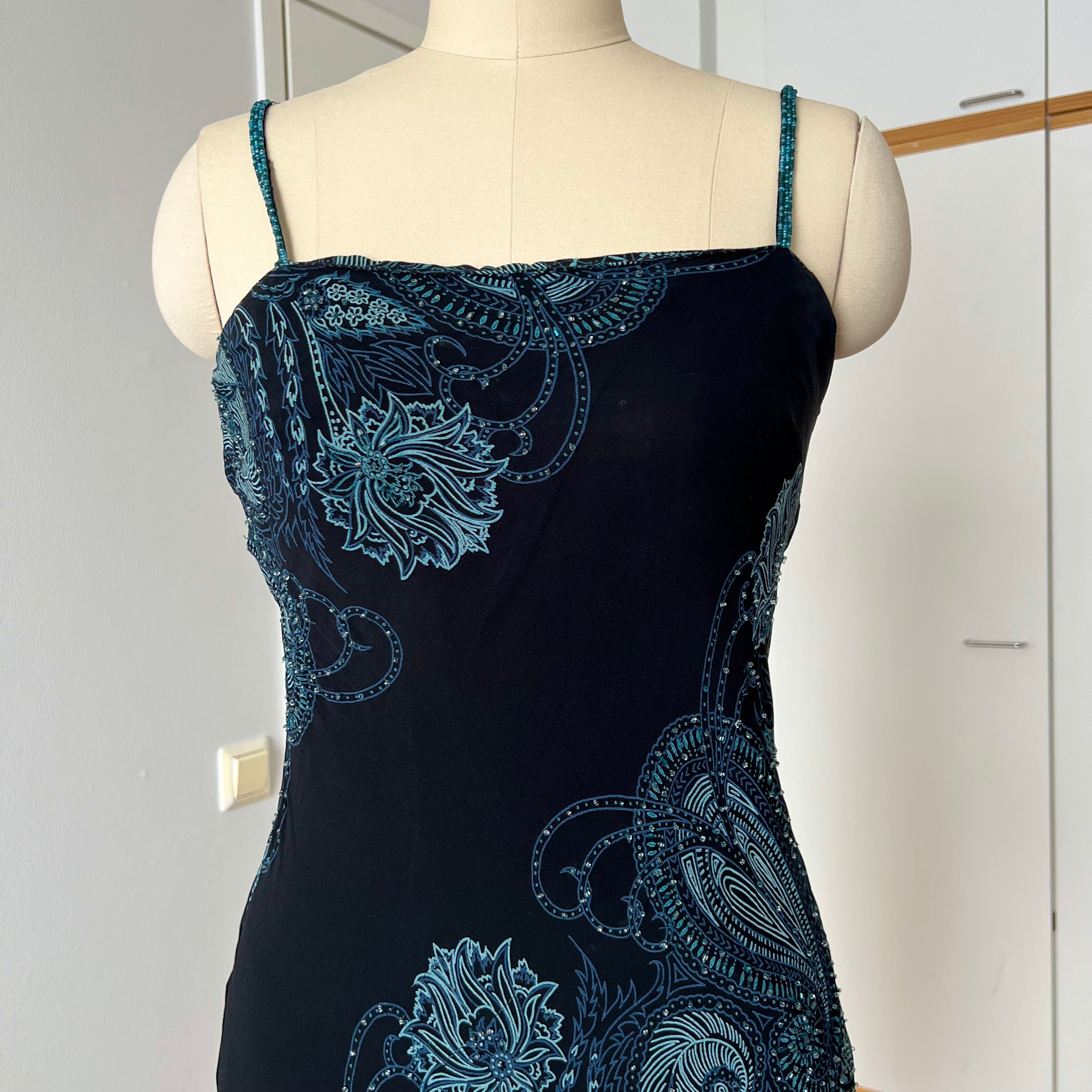 Y2K EVA BLUE Paisley Beaded Midi Dress-Wimsygoth Fairycore Asymmetrical Dress