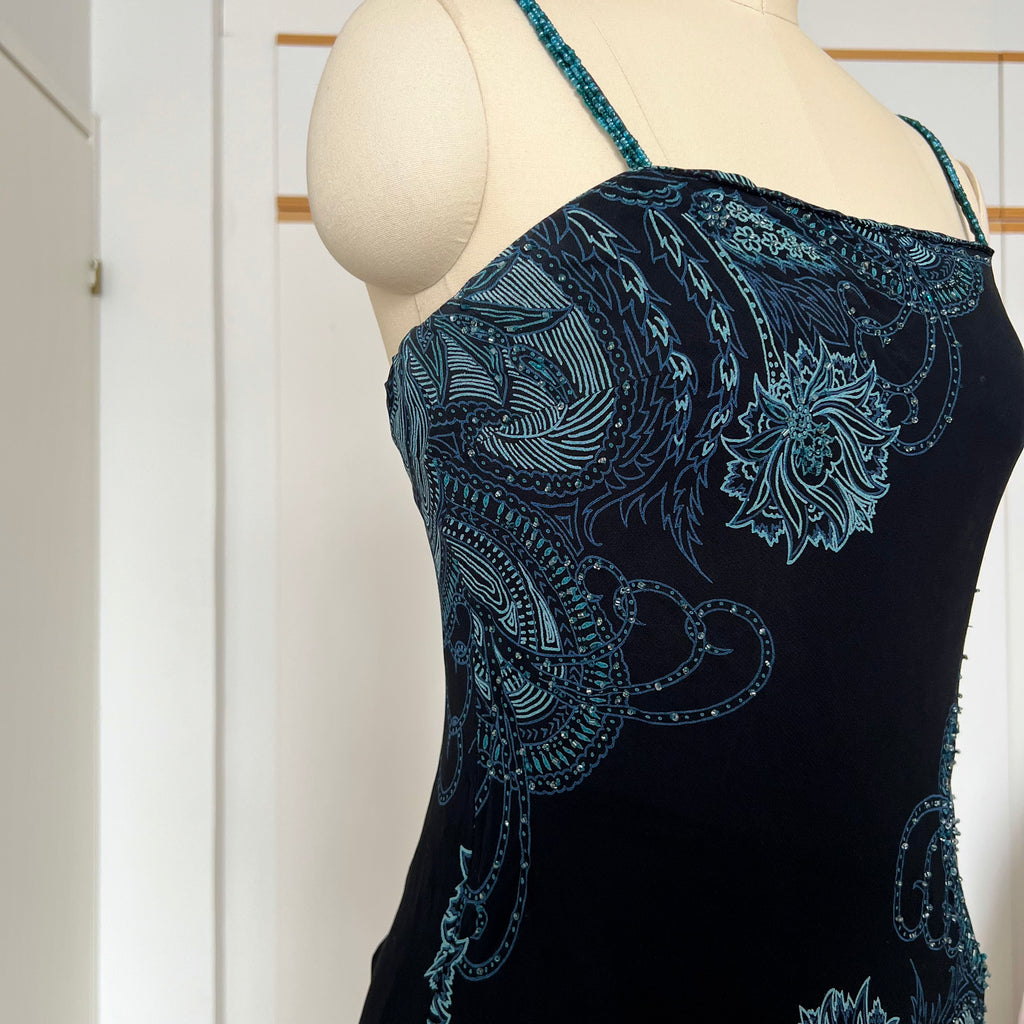 Y2K EVA BLUE Paisley Beaded Midi Dress-Wimsygoth Fairycore Asymmetrical Dress