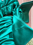 1980s JOHN CHARLES Green Prom Dress Off Shoulder Floor Length Drop Waist Metallic Ball Gown