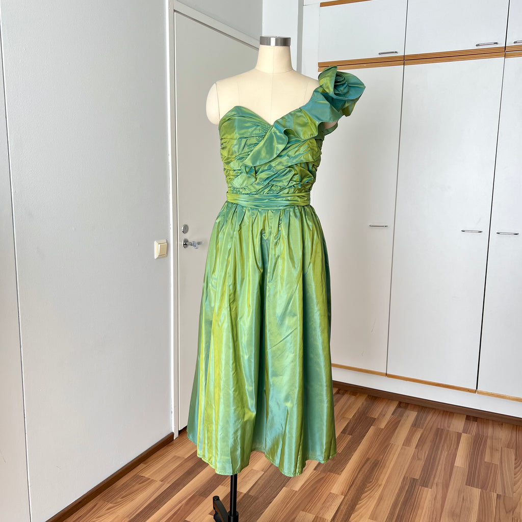1980s Green Taffeta Party Dress VERA MONT One Shoulder Cocktail Party Dress Romantic Fairy