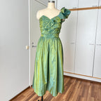 1980s Green Taffeta Party Dress VERA MONT One Shoulder Cocktail Party Dress Romantic Fairy
