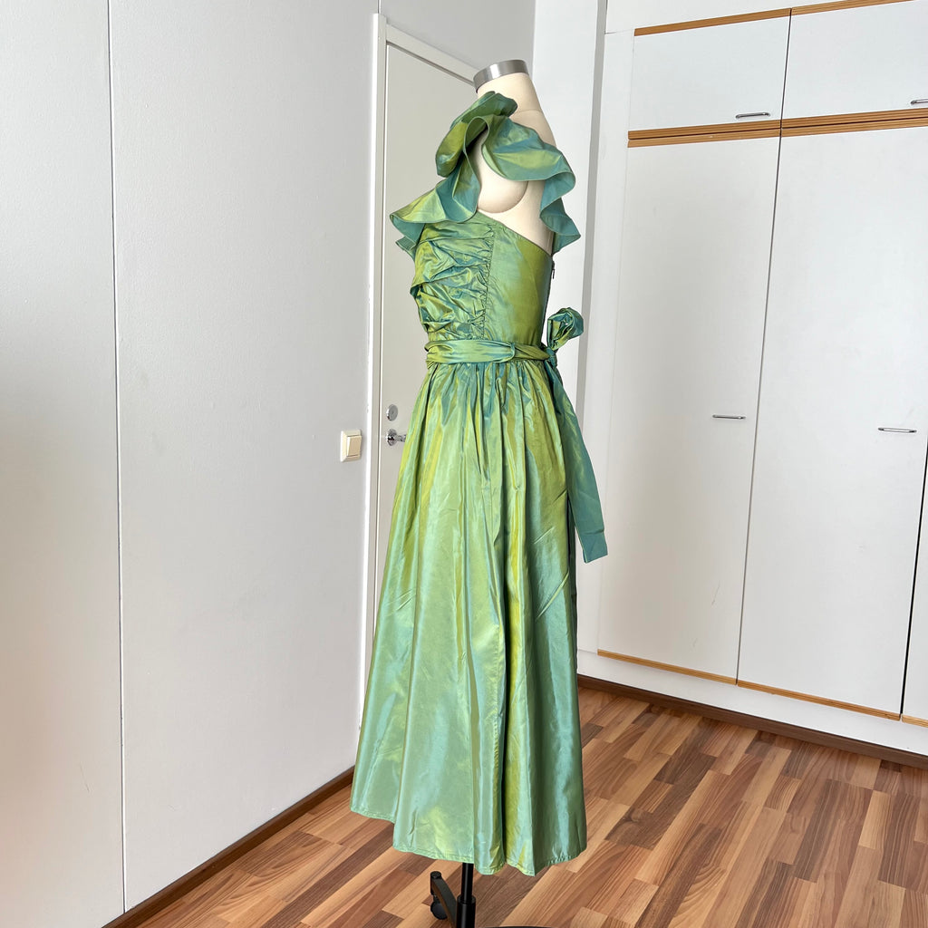1980s Green Taffeta Party Dress VERA MONT One Shoulder Cocktail Party Dress Romantic Fairy