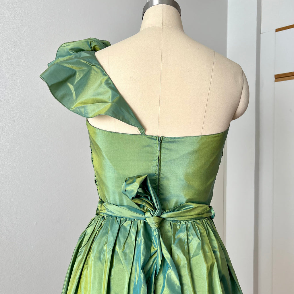 1980s Green Taffeta Party Dress VERA MONT One Shoulder Cocktail Party Dress Romantic Fairy