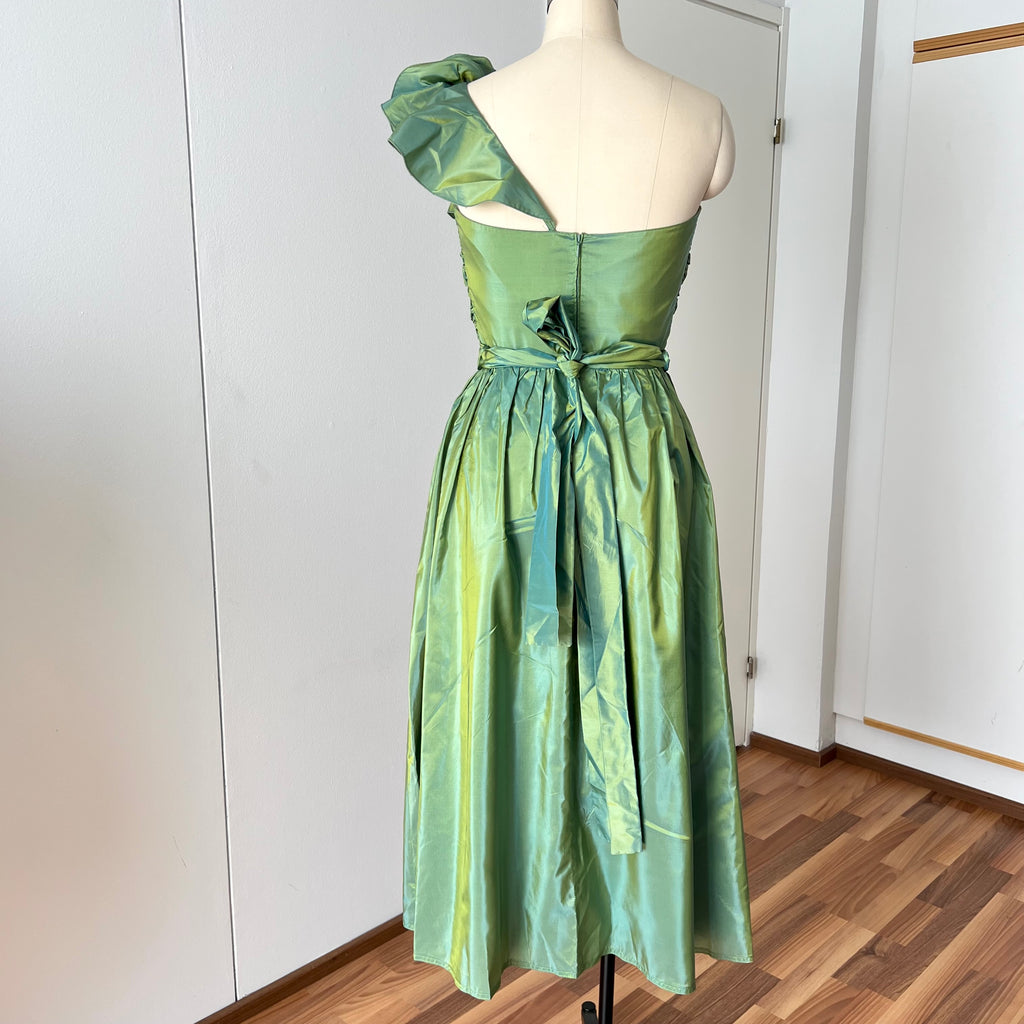 1980s Green Taffeta Party Dress VERA MONT One Shoulder Cocktail Party Dress Romantic Fairy