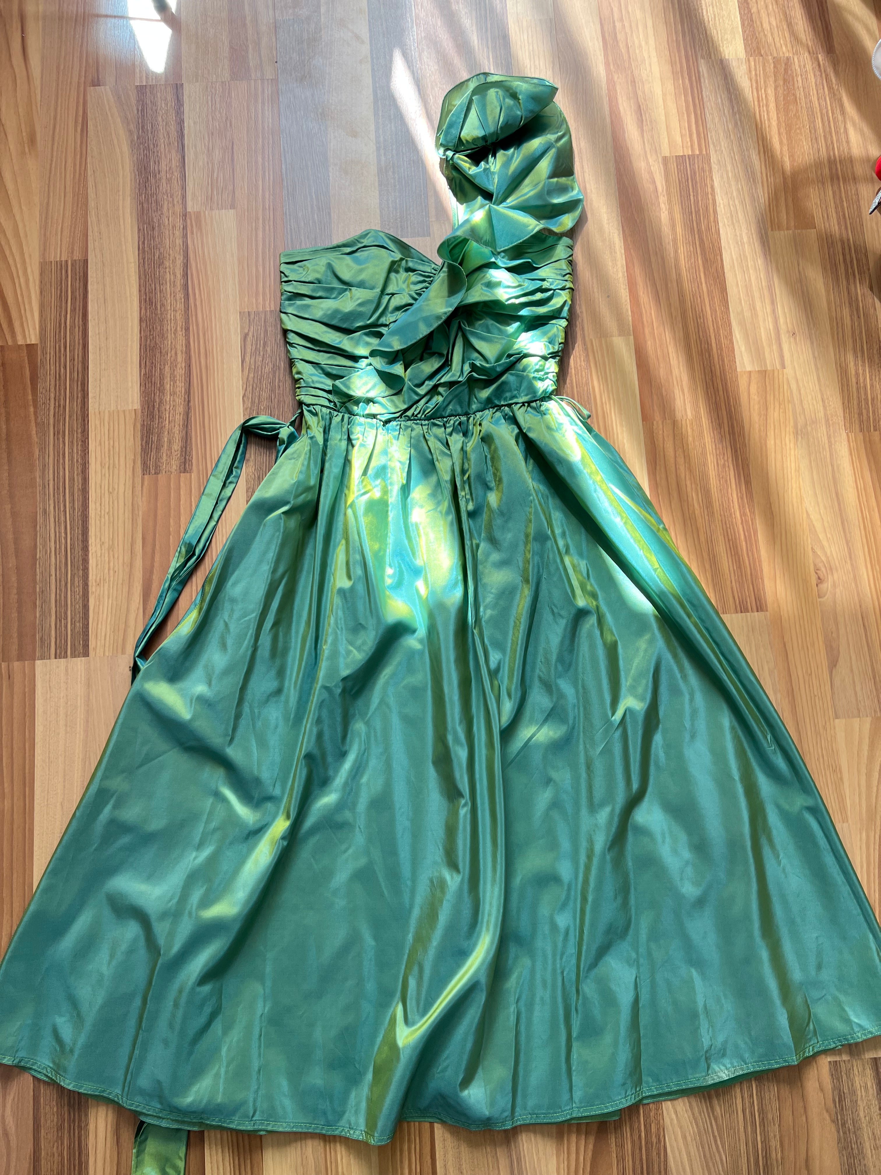 1980s Green Taffeta Party Dress VERA MONT One Shoulder Cocktail Party Dress Romantic Fairy