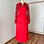 1960s 70s Psychedelic Floral Maxi Dress-Empire Waist Retro Mod Floor Length Hostess Dres