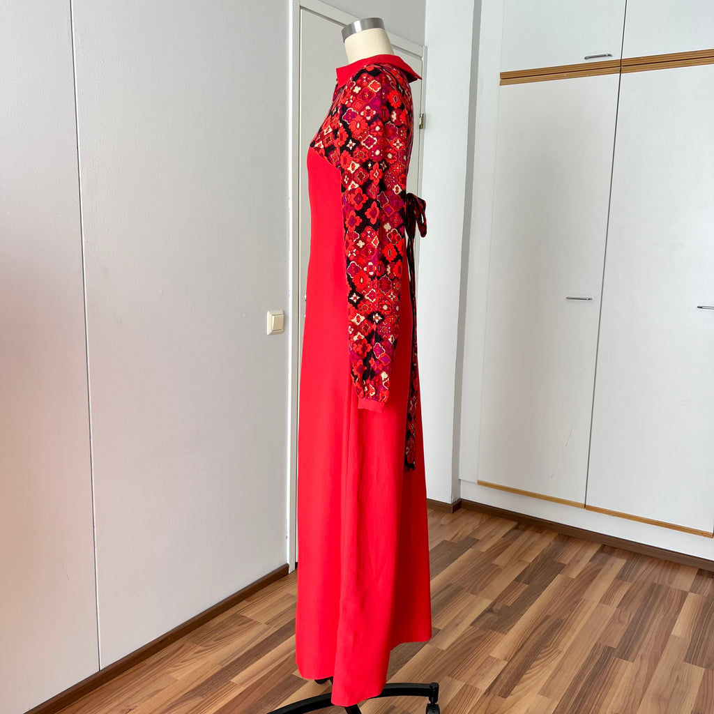 1960s 70s Psychedelic Floral Maxi Dress-Empire Waist Retro Mod Floor Length Hostess Dres