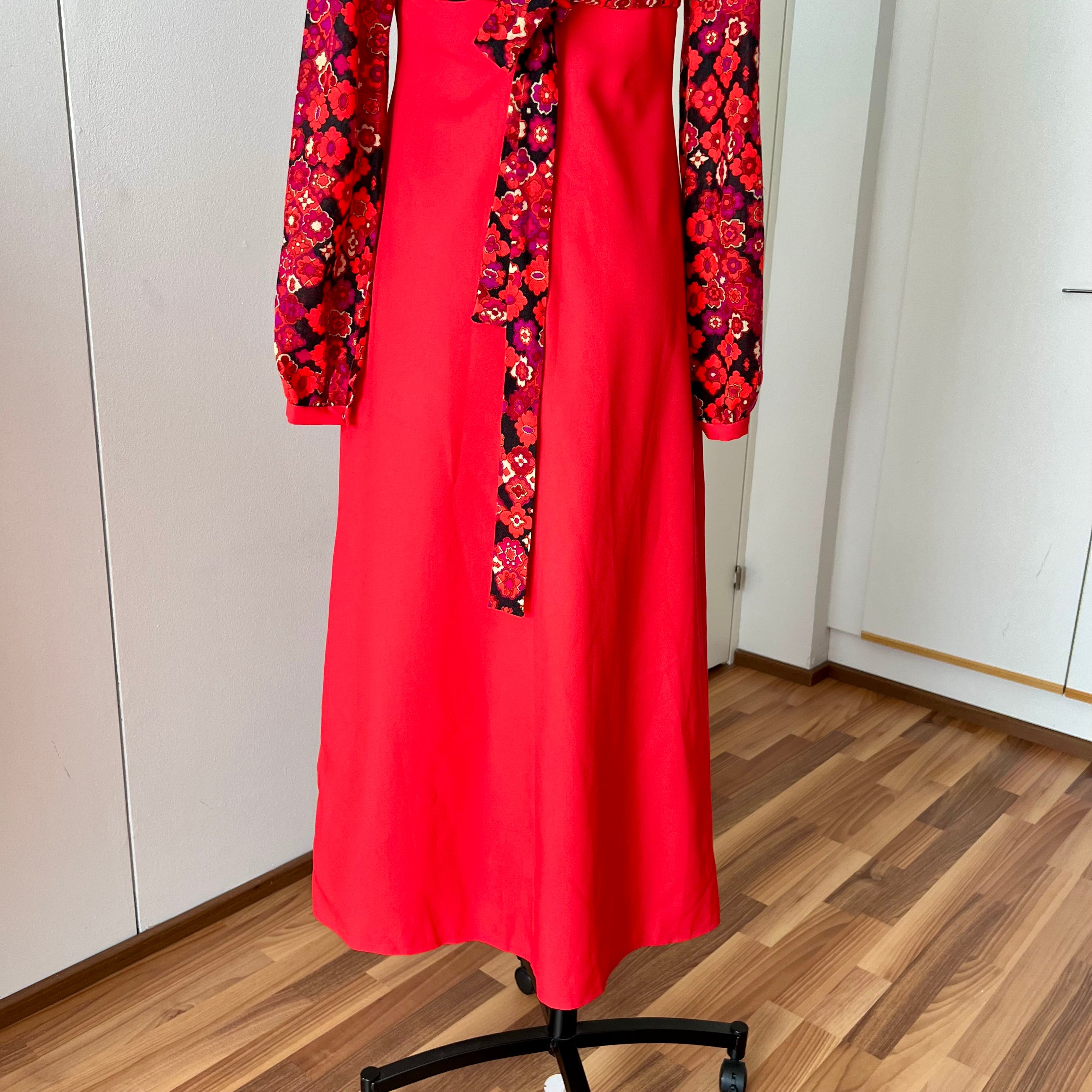 1960s 70s Psychedelic Floral Maxi Dress-Empire Waist Retro Mod Floor Length Hostess Dres
