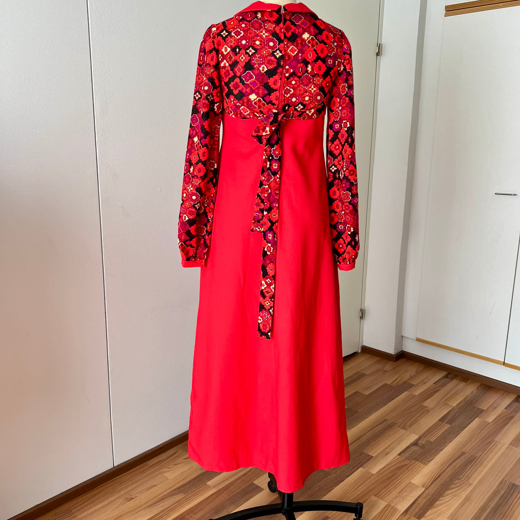 1960s 70s Psychedelic Floral Maxi Dress-Empire Waist Retro Mod Floor Length Hostess Dres