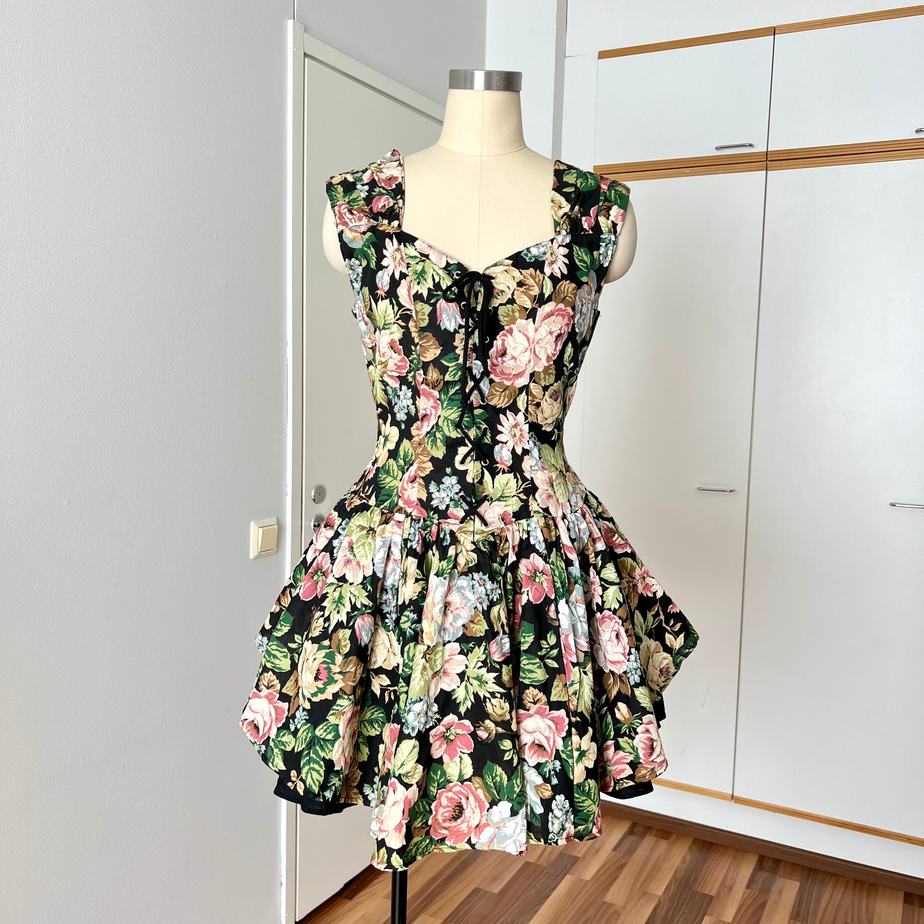 1980s Floral Lace Up Corset Mini Dress Romantic Cottagecore Milkmaid Party Dress EU 38
