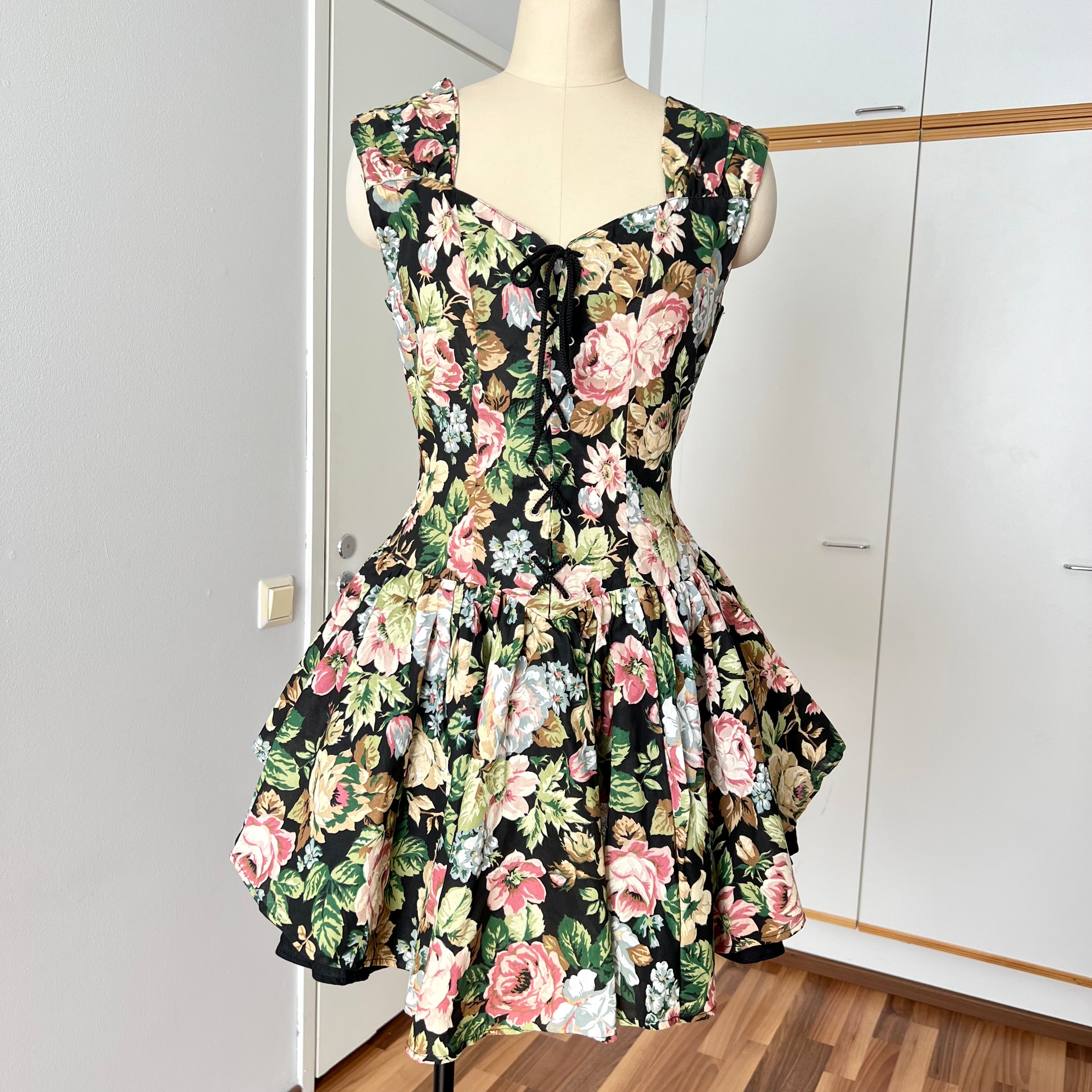 1980s Floral Lace Up Corset Mini Dress Romantic Cottagecore Milkmaid Party Dress EU 38