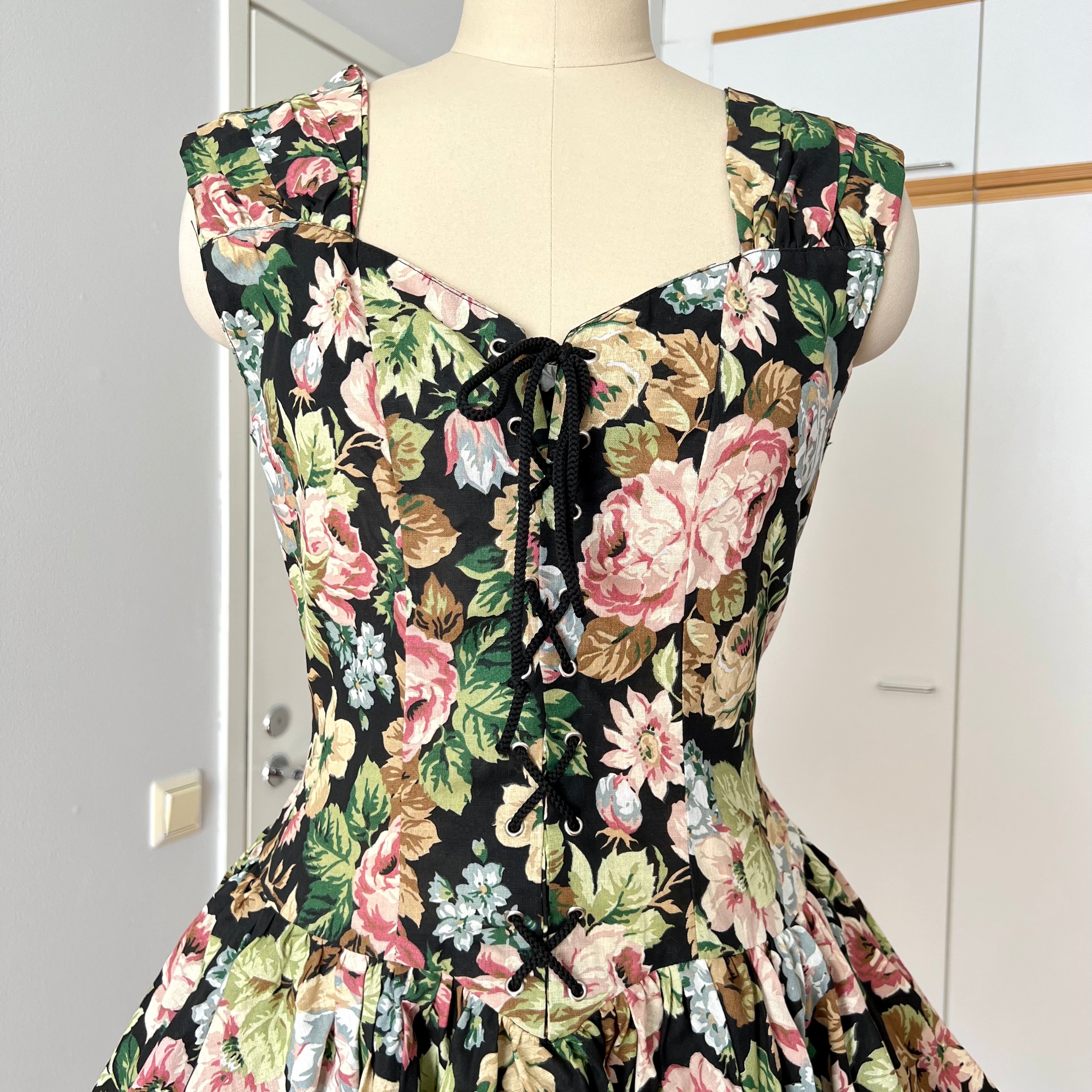 1980s Floral Lace Up Corset Mini Dress Romantic Cottagecore Milkmaid Party Dress EU 38