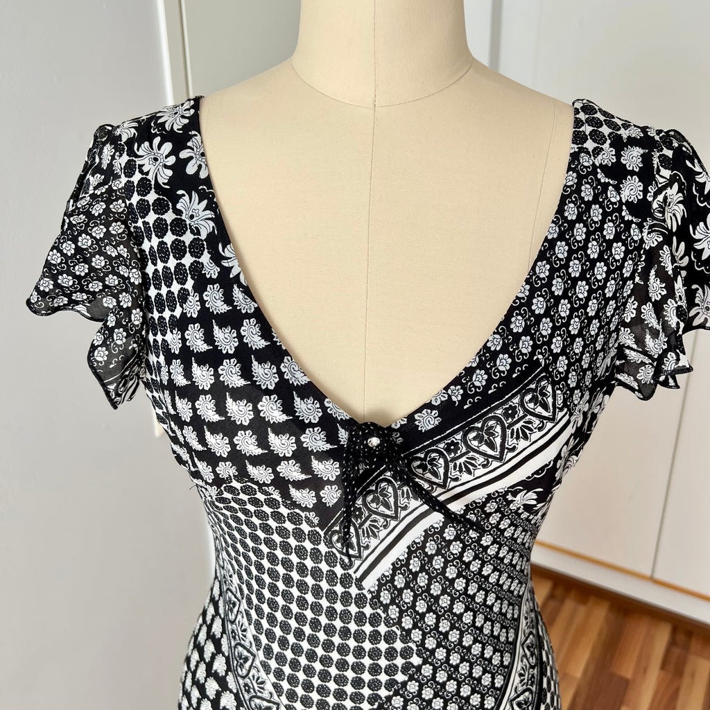 1990s Bias Cut Viscose Midi Dress-Y2K Flutter Sleeves V Neck Fairy Dress Whimsygoth EU 38