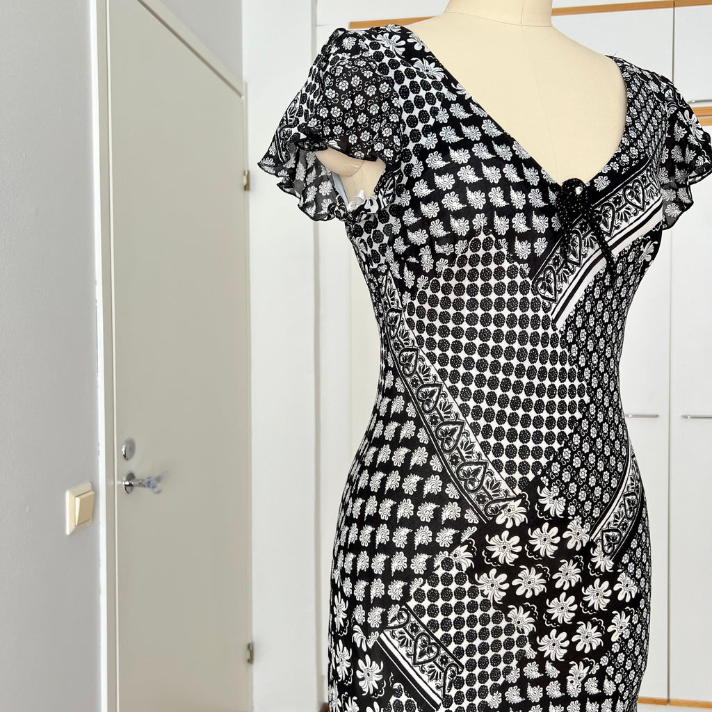 1990s Bias Cut Viscose Midi Dress-Y2K Flutter Sleeves V Neck Fairy Dress Whimsygoth EU 38