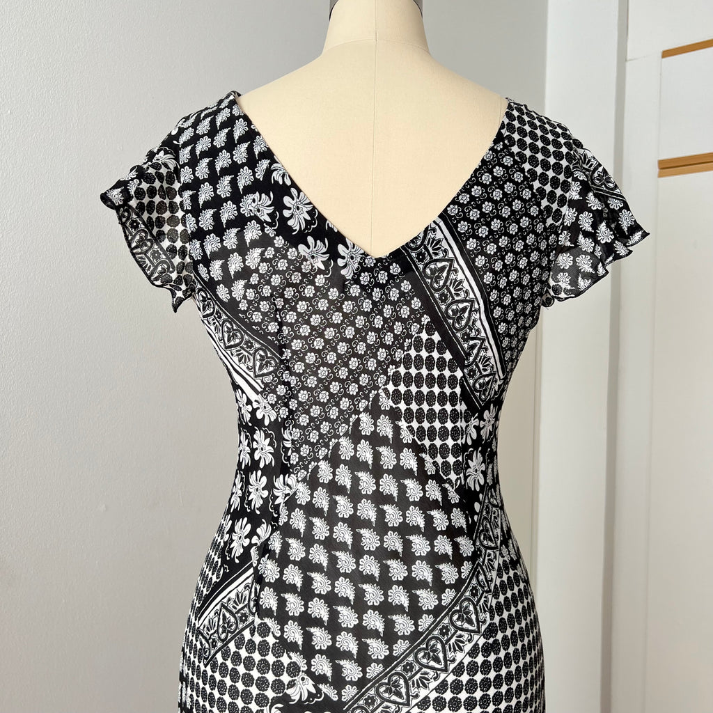 1990s Bias Cut Viscose Midi Dress-Y2K Flutter Sleeves V Neck Fairy Dress Whimsygoth EU 38