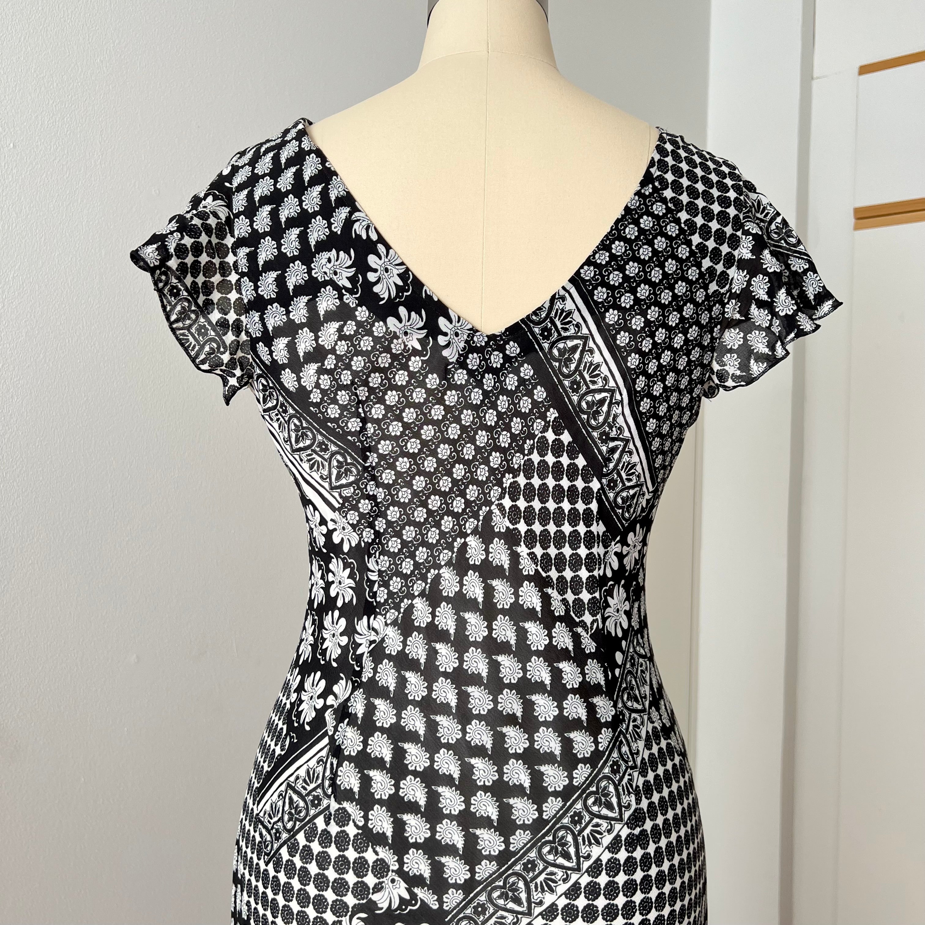 1990s Bias Cut Viscose Midi Dress-Y2K Flutter Sleeves V Neck Fairy Dress Whimsygoth EU 38