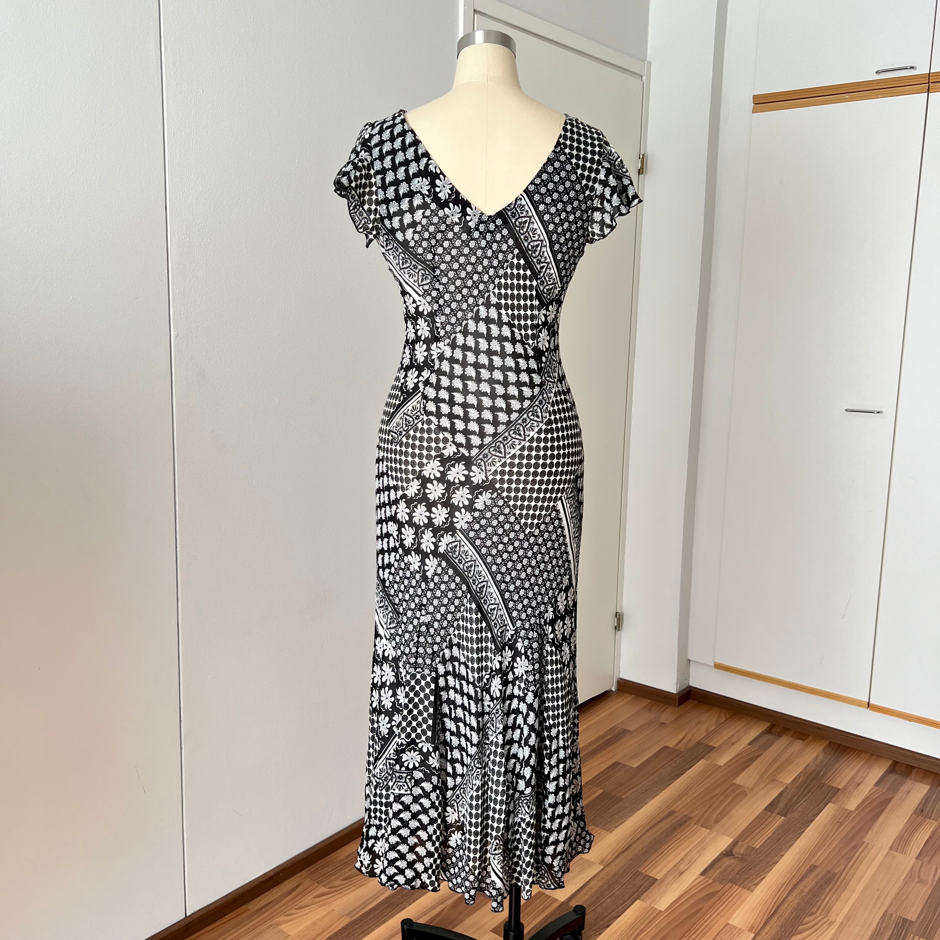 1990s Bias Cut Viscose Midi Dress-Y2K Flutter Sleeves V Neck Fairy Dress Whimsygoth EU 38