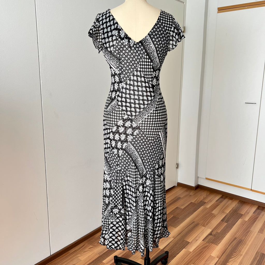 1990s Bias Cut Viscose Midi Dress-Y2K Flutter Sleeves V Neck Fairy Dress Whimsygoth EU 38