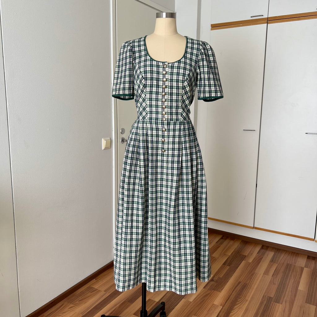 Vintage Green Plaid Cotton Trachten Dress-German Folk Checkered Midi Dress with Pockets