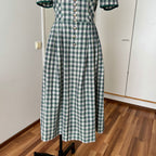 Vintage Green Plaid Cotton Trachten Dress-German Folk Checkered Midi Dress with Pockets