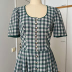 Vintage Green Plaid Cotton Trachten Dress-German Folk Checkered Midi Dress with Pockets