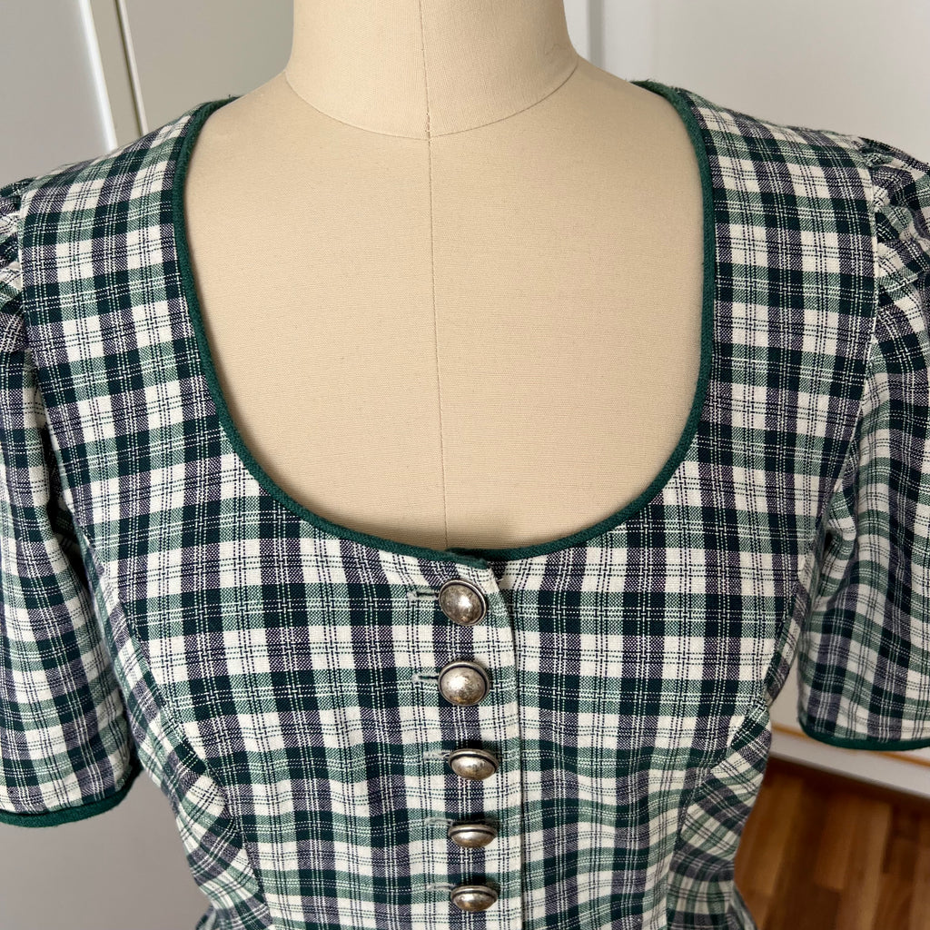 Vintage Green Plaid Cotton Trachten Dress-German Folk Checkered Midi Dress with Pockets
