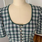Vintage Green Plaid Cotton Trachten Dress-German Folk Checkered Midi Dress with Pockets