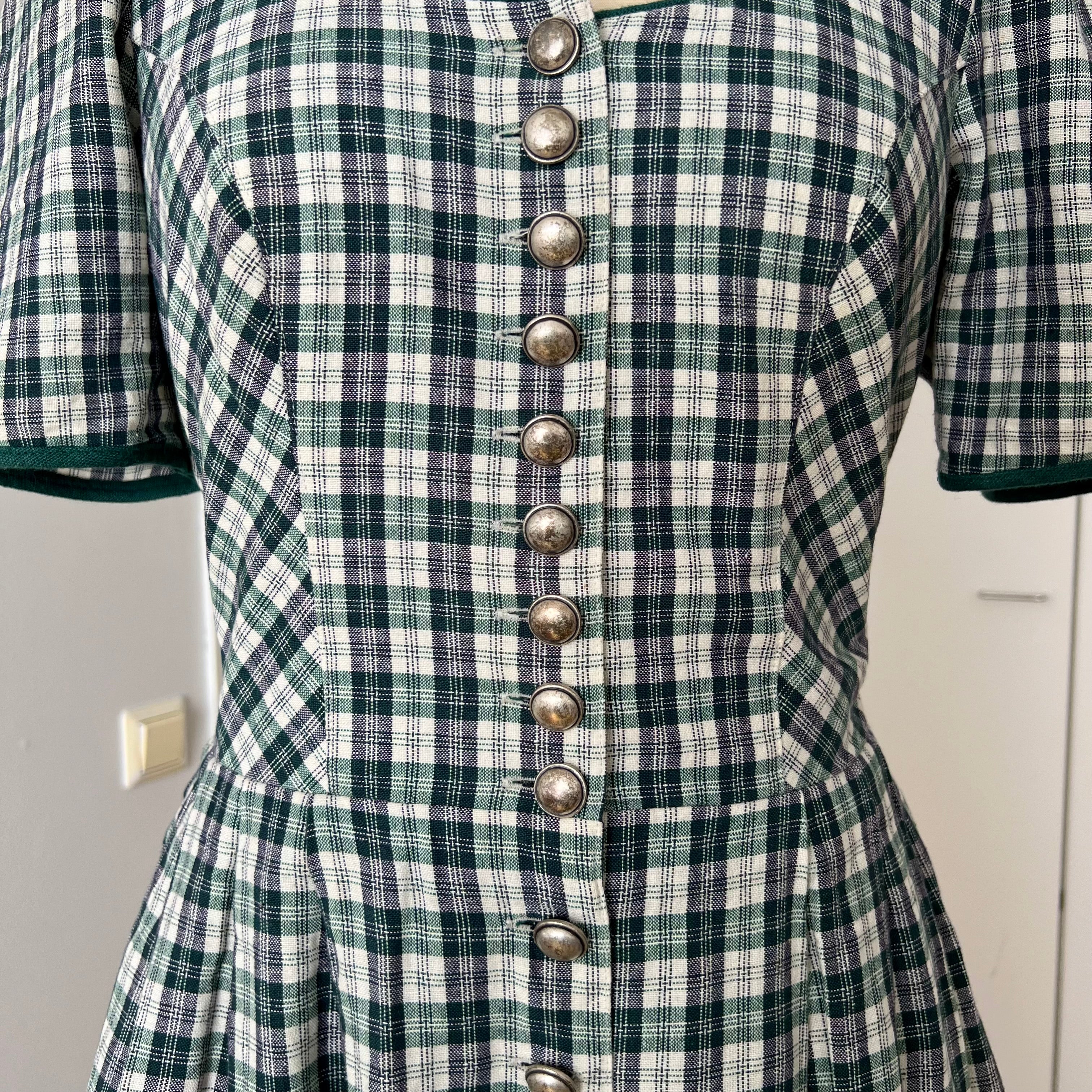 Vintage Green Plaid Cotton Trachten Dress-German Folk Checkered Midi Dress with Pockets