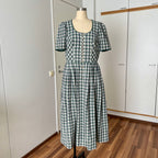 Vintage Green Plaid Cotton Trachten Dress-German Folk Checkered Midi Dress with Pockets