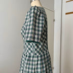 Vintage Green Plaid Cotton Trachten Dress-German Folk Checkered Midi Dress with Pockets