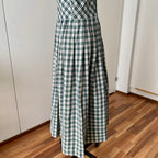Vintage Green Plaid Cotton Trachten Dress-German Folk Checkered Midi Dress with Pockets