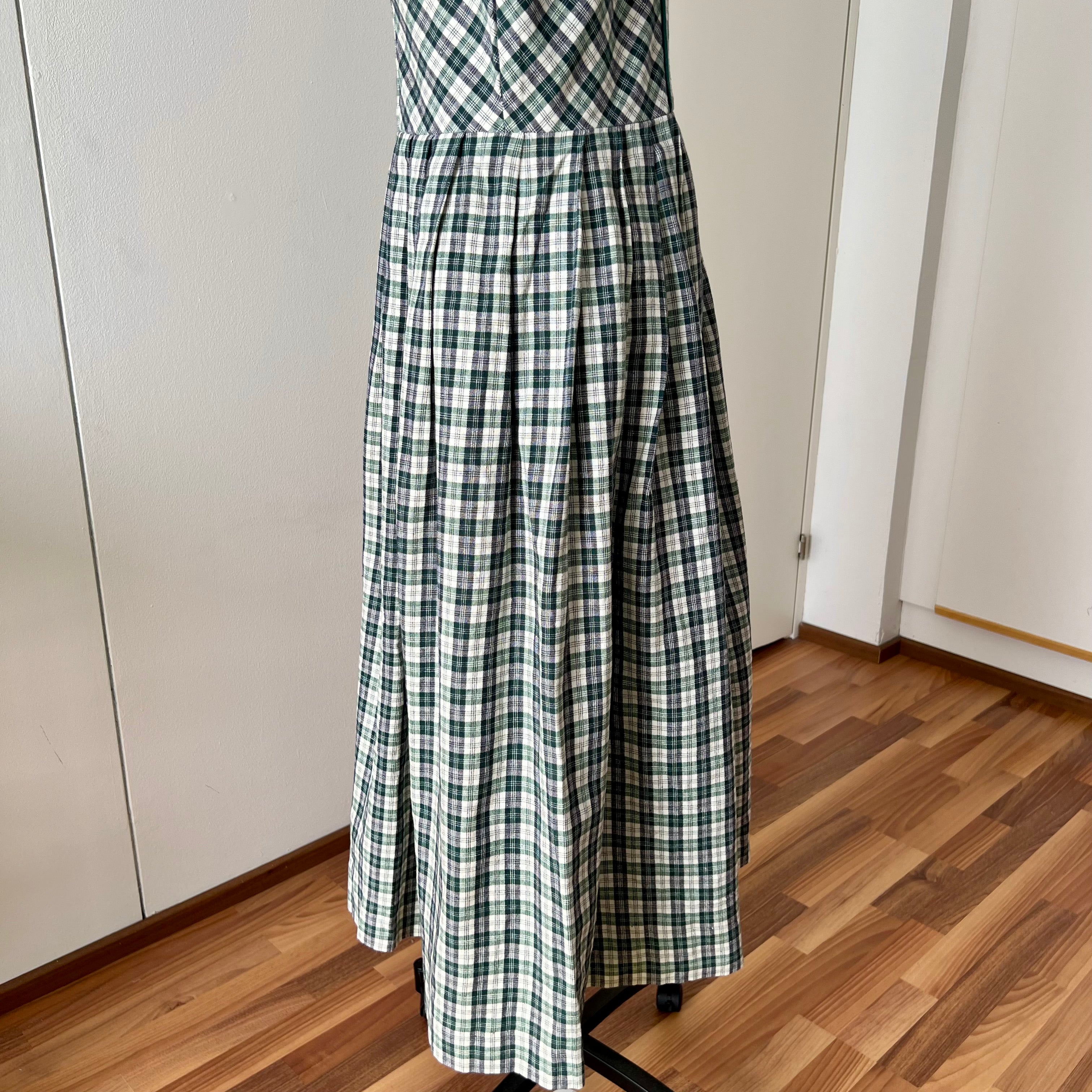 Vintage Green Plaid Cotton Trachten Dress-German Folk Checkered Midi Dress with Pockets