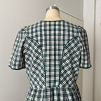 Vintage Green Plaid Cotton Trachten Dress-German Folk Checkered Midi Dress with Pockets